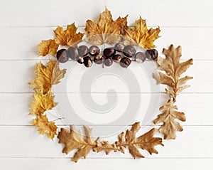 Top view of autumn composition with chestnuts and dry leaves over white wooden background with empty space. Autumn concept.