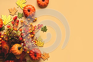 Top view of autumn leaves and pumpkins with space for text. Autumn concept background