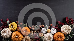 Top view of  Autumn maple leaves with Pumpkin and red berries on black wooden background. Thanksgiving day concept