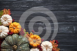 Top view of Autumn maple leaves with Pumpkin and red berries on old wooden backgound.