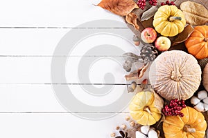 Top view of Autumn maple leaves with Pumpkin and red berries on white wooden background. Thanksgiving day concept