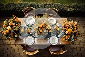 Top view of autumn table scape, autumnal dinner table setting, holiday tablescape for wedding, birthday or party event