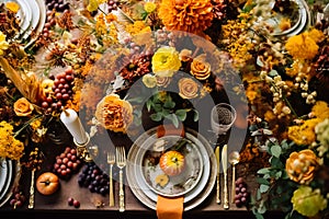 Top view of autumn table scape, autumnal dinner table setting, holiday tablescape for wedding, birthday or party event celebration