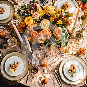 Top view of autumn table scape, autumnal dinner table setting, holiday tablescape for wedding, birthday or party event celebration