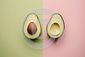 top view of avocado halves on pink and green background with copy space