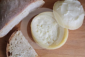 Top view of Azeitao cheese  a creamy and semi soft portuguese cheese with bread photo