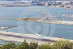 Top view background landscape takeoff at the airport of Gibraltar overlooking the city Linea