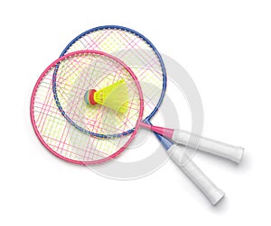 Top view of badminton rackets and shuttlecock