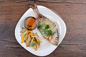 Top view of baked dorado fish and potatoes with bamboo shoots and Sichuan sauce on a white plate