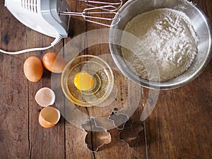 Top view Baking ingredients on wooden background.