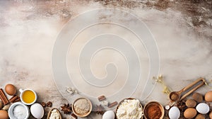 Top view of baking ingredients on wooden background with copy space for text