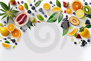 Top view banner of color fruits over white background.