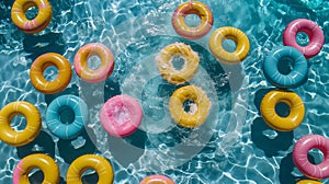 top view of a banner on the water surface with a wide assortment of inflatable lifebuoys of different colors. pool party comma