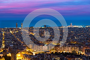 Top view of Barcelona city skyline during evening in Barcelona,