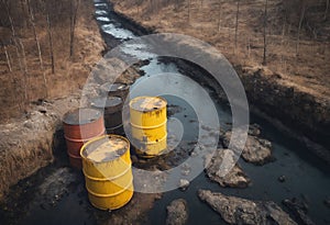 Top view of barrels and spilled toxic chemical waste and oil in river. Concept of environmental pollution and ecological