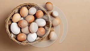 Top view of basket with different chicken eggs in beige background with copy space