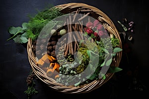 top view of a basket filled with wild edibles photo