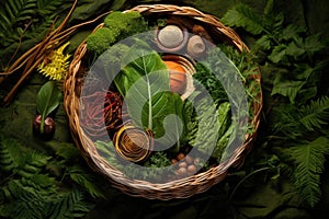 top view of a basket filled with wild edibles photo