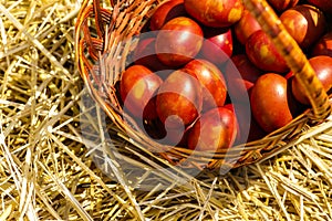 Top view of a basket with painted eggs