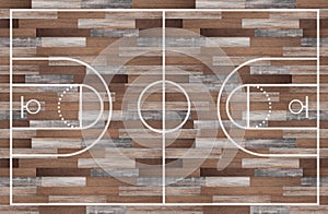 Top view, Basketball court and layout line on wooden texture background