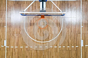 Top view of a basketball hoop against the basketball court