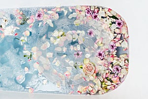 Top view of bath filled with blue bubble water, flowers and petals