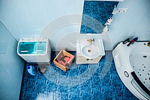 Top view bathroom, mirror and washbasin