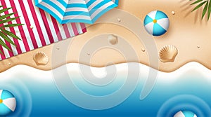 top view beach background with umbrellas,balls,swim ring. Vector illustration