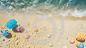 top view beach background with umbrellas balls swimring