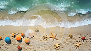 top view beach background with umbrellas balls swimring