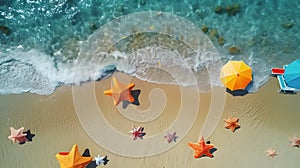 top view beach background with umbrellas balls swimring