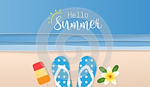 Top view of the beach with hello summer text, plumeria flower, sandals and ice cream. Paper art style