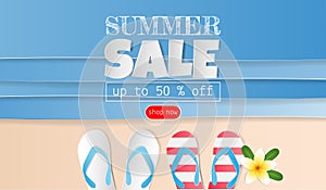 Top view of the beach with sandals. Paper art of summer sale concept for discount promotion