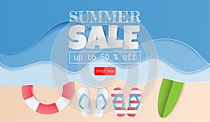 Top view of the beach with sandals, surfboard,Swim Tube, Paper art of summer sale concept for discount promotion. Vector