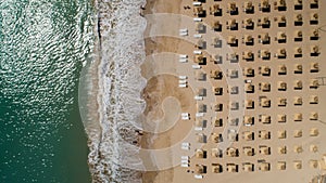 Top view of beach with straw umbrellas. Golden sands, Varna, Bulgaria