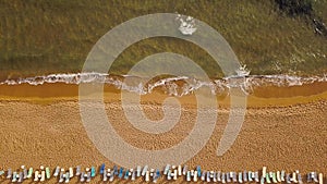 Top view of the beach and sun beds. The deserted coast of the Ionian Sea, Greece, Corfu