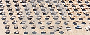 Top view of beach with white umbrellas. Kavarna, Bulgaria. Banner