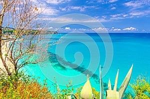 Top view of beautiful amazing Tyrrhenian sea with turquoise water, tropical seascape, endless horizon, Costa degli Dei