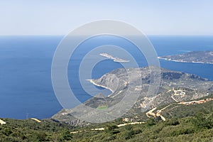 Top view at beautiful blue Mediterranean sea peninsula in summer in town of Kalkan, Turkey.Natural background.Beauty in