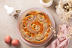 Top view of beautiful Easter yeast roll cake or bread with custard pastry cream