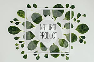 top view of beautiful fresh green leaves and natural product inscription