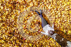 Top view. Beautiful happy young woman sitting under tree and dreaming on the autumn maple leaves in the park. Aerial, drone view.