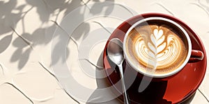 Top view of beautiful heart shape latte art in maroon red coffee cup saucer on white tablecloth table with empty space in sunlight