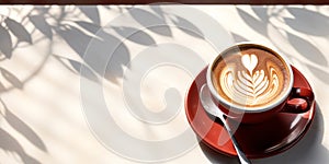 Top view of beautiful heart shape latte art in maroon red coffee cup saucer on white tablecloth table with empty space in sunlight