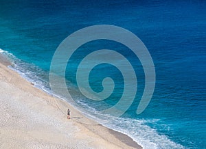 Top view on Beautiful Myrtos beach with turquoise water on the island of Kefalonia in the Ionian Sea in Greece