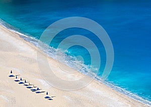 Top view on Beautiful Myrtos beach with turquoise water on the island of Kefalonia in the Ionian Sea in Greece