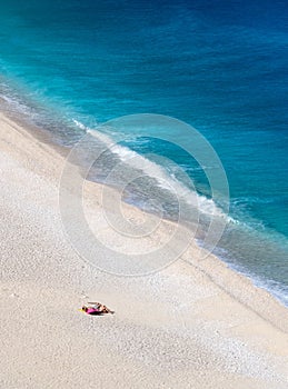 Top view on Beautiful Myrtos beach with turquoise water on the island of Kefalonia in the Ionian Sea in Greece