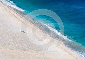 Top view on Beautiful Myrtos beach with turquoise water on the island of Kefalonia in the Ionian Sea in Greece