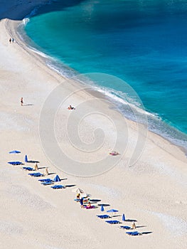 Top view on Beautiful Myrtos beach with turquoise water on the island of Kefalonia in the Ionian Sea in Greece