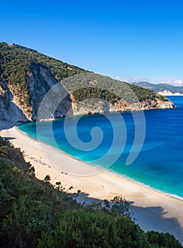 Top view on Beautiful Myrtos beach with turquoise water on the island of Kefalonia in the Ionian Sea in Greece